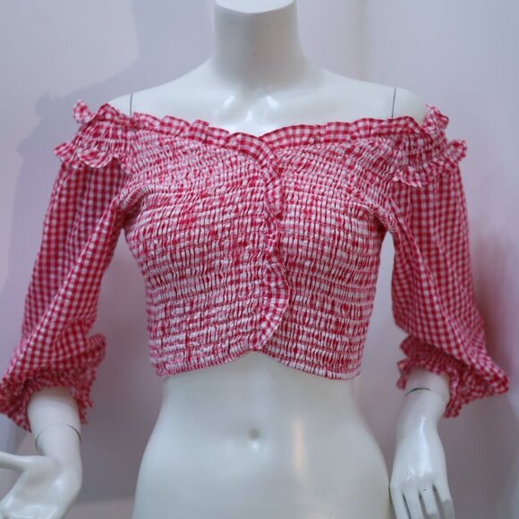 Zara Red & White Stretchy Gingham Top Size L NWT - Picture 4 of 7